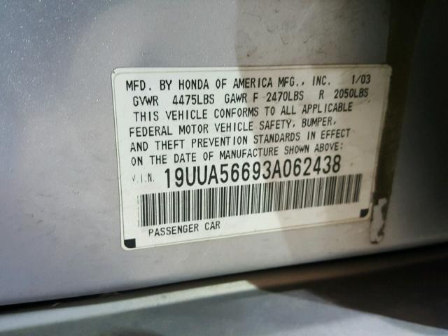 19UUA56693A062438 - 2003 ACURA 3.2TL SILVER photo 10