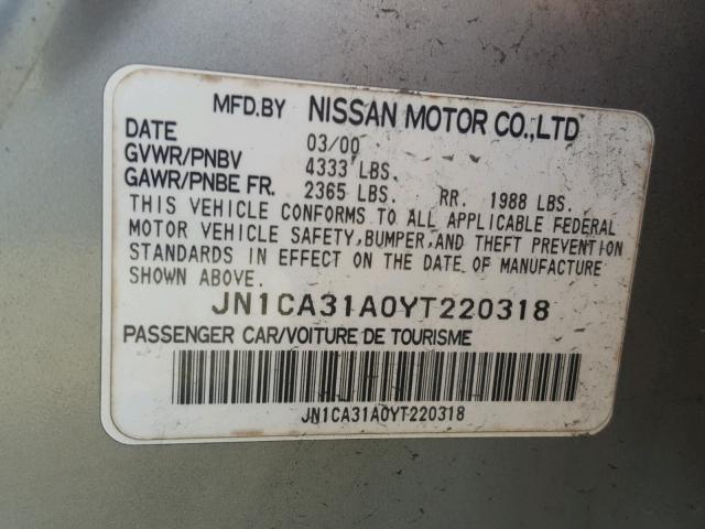 JN1CA31A0YT220318 - 2000 NISSAN MAXIMA GLE GRAY photo 10