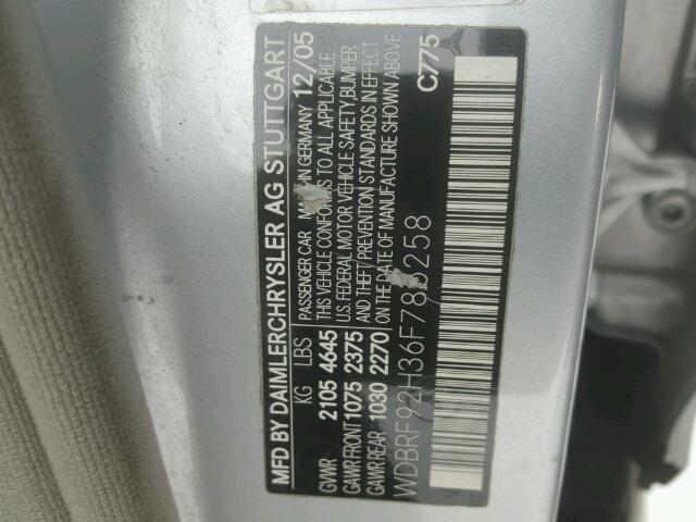 WDBRF92H36F785258 - 2006 MERCEDES-BENZ C GENERATI SILVER photo 10