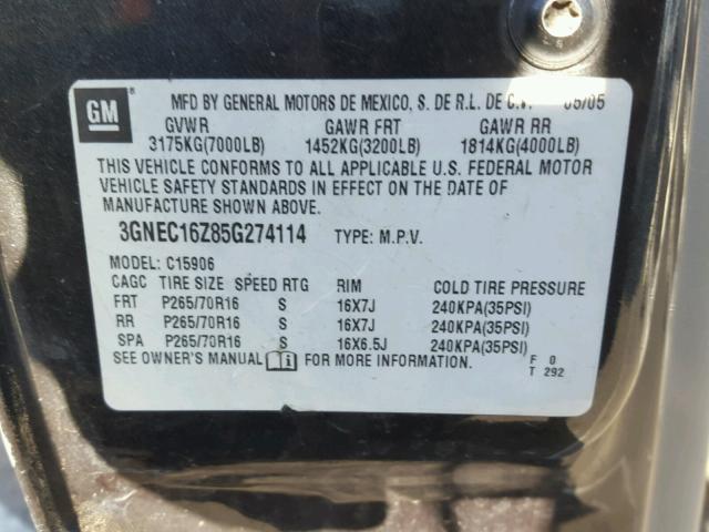 3GNEC16Z85G274114 - 2005 CHEVROLET SUBURBAN C CHARCOAL photo 10