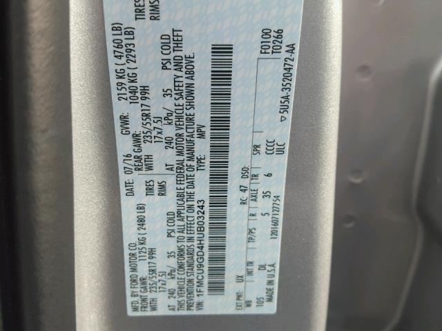 1FMCU9GD4HUB03243 - 2017 FORD ESCAPE SE 银色 照片 10