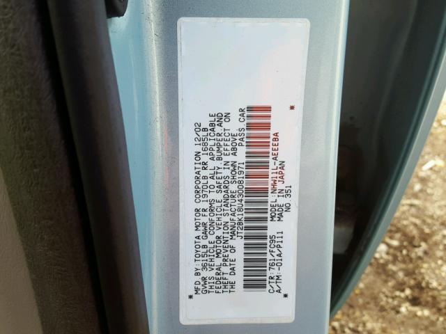 JT2BK18U430081971 - 2003 TOYOTA PRIUS TEAL photo 10