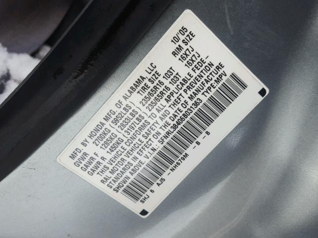 5FNRL38406B031363 - 2006 HONDA ODYSSEY EX GRAY photo 10