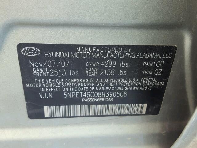 5NPET46C08H390506 - 2008 HYUNDAI SONATA GLS GREEN photo 10