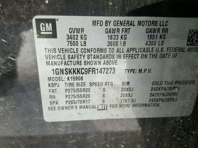 1GNSKKKC9FR147273 - 2015 CHEVROLET SUBURBAN K BLACK photo 10