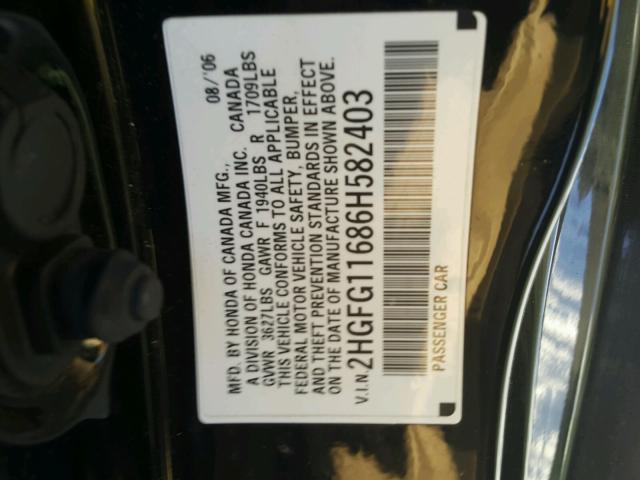 2HGFG11686H582403 - 2006 HONDA CIVIC LX BLACK photo 10