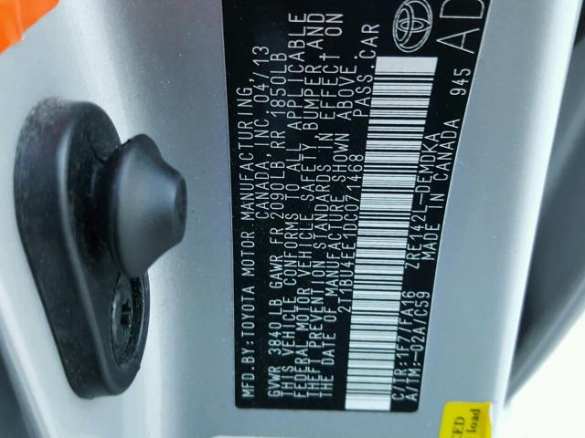 2T1BU4EE1DC071468 - 2013 TOYOTA COROLLA BA SILVER photo 10