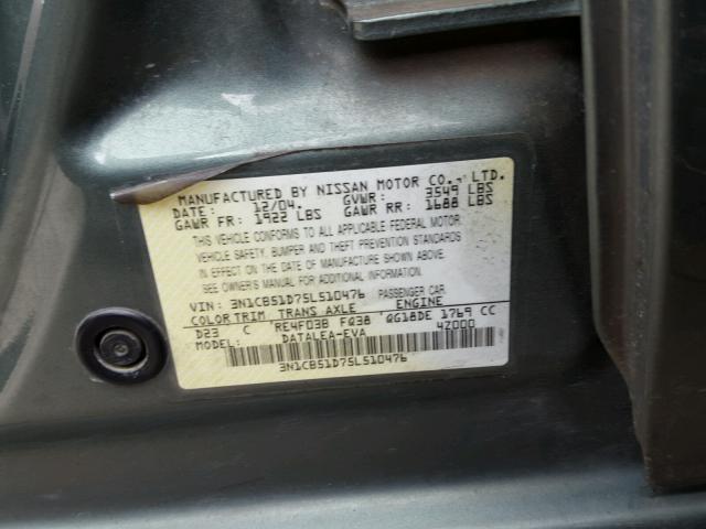 3N1CB51D75L510476 - 2005 NISSAN SENTRA 1.8 TEAL photo 10