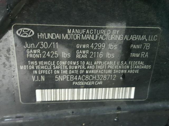 5NPEB4AC8CH328712 - 2012 HYUNDAI SONATA GLS BLACK photo 10