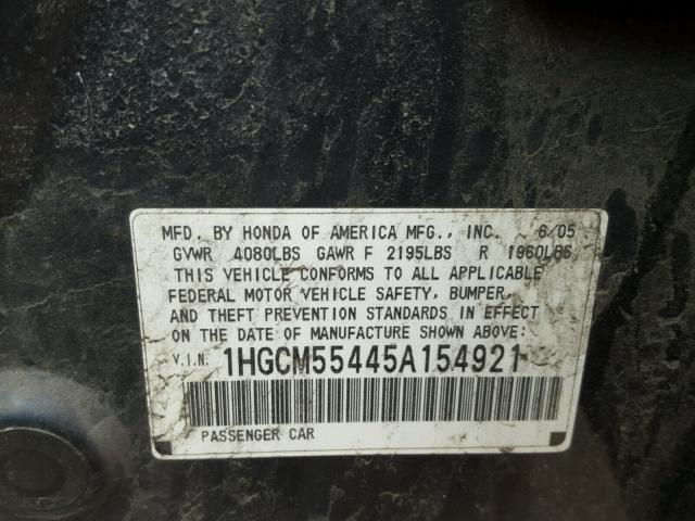 1HGCM55445A154921 - 2005 HONDA ACCORD LX GRAY photo 10