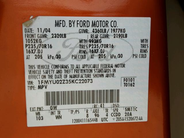 1FMYU02Z35KC22073 - 2005 FORD ESCAPE XLS ORANGE photo 10