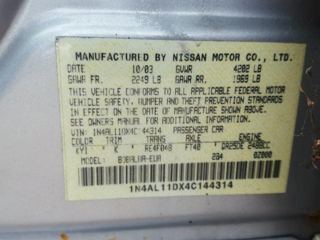 1N4AL11DX4C144314 - 2004 NISSAN ALTIMA BAS SILVER photo 10