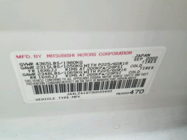 JA4LZ41G73U033493 - 2003 MITSUBISHI OUTLANDER WHITE photo 10