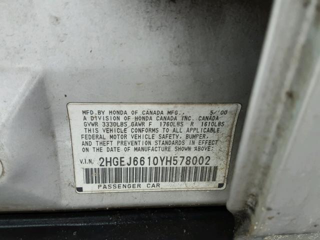 2HGEJ6610YH578002 - 2000 HONDA CIVIC BASE 银色 照片 10