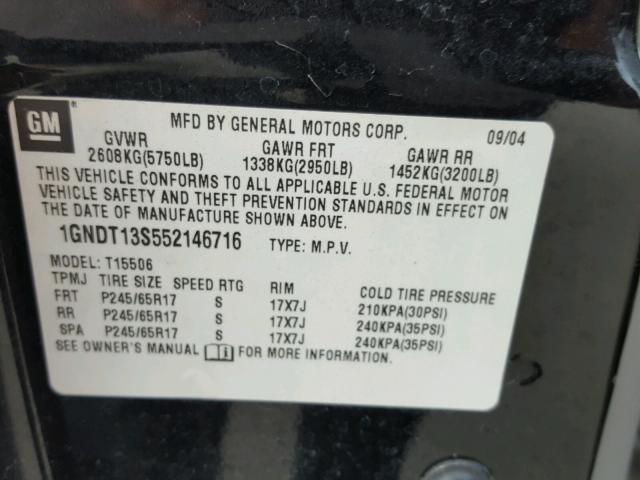 1GNDT13S552146716 - 2005 CHEVROLET TRAILBLAZE BLACK photo 10