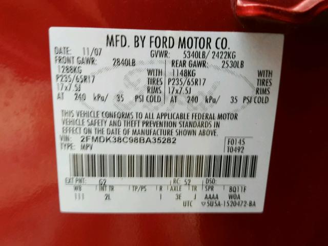 2FMDK38C98BA35282 - 2008 FORD EDGE SEL BURGUNDY photo 10