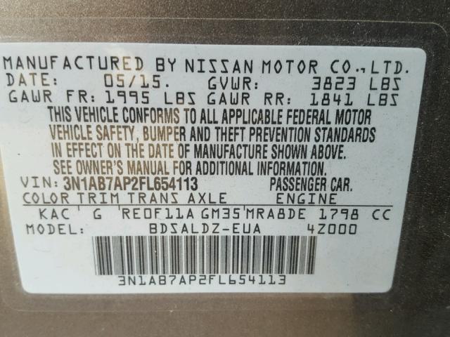 3N1AB7AP2FL654113 - 2015 NISSAN SENTRA S GRAY photo 10