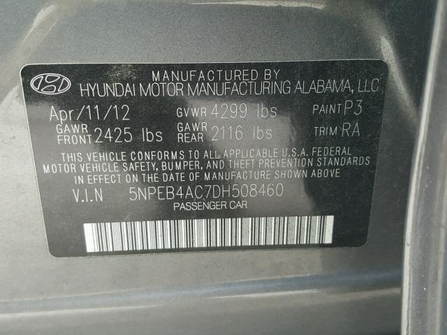 5NPEB4AC7DH508460 - 2013 HYUNDAI SONATA GLS GRAY photo 10