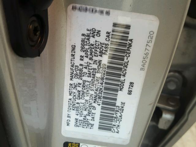 4T1BE32K14U802299 - 2004 TOYOTA CAMRY LE 银色 照片 10