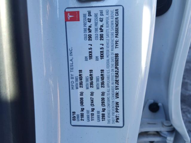 5YJ3E1EA2JF009288 - 2018 TESLA MODEL 3 თეთრი ფოტო 10
