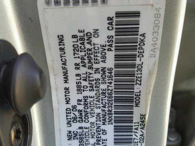 1NXBR32E66Z741646 - 2006 TOYOTA COROLLA CE SILVER photo 10