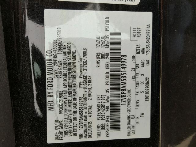 1ZVBP8AM5B5149978 - 2011 FORD MUSTANG BLACK photo 10