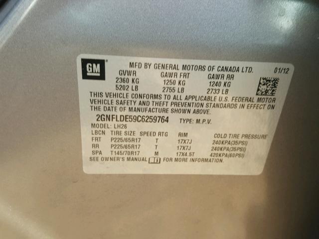 2GNFLDE59C6259764 - 2012 CHEVROLET EQUINOX LT GRAY photo 10