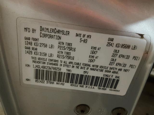 1J4GL48K23W708250 - 2003 JEEP LIBERTY SP SILVER photo 10