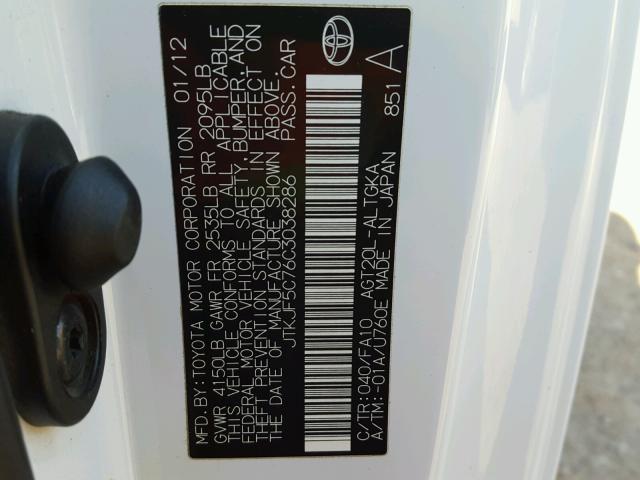 JTKJF5C76C3038286 - 2012 TOYOTA SCION TC 白色 照片 10