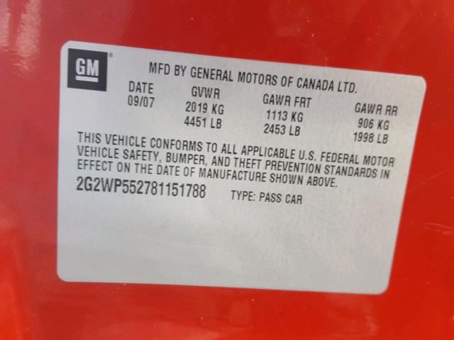 2G2WP552781151788 - 2008 PONTIAC GRAND PRIX Қызыл фото 10
