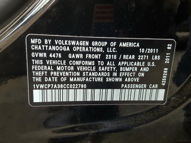 1VWCP7A36CC022790 - 2012 VOLKSWAGEN PASSAT SEL BLACK photo 10
