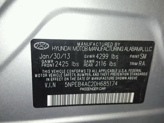 5NPEB4AC2DH685174 - 2013 HYUNDAI SONATA GLS SILVER photo 10