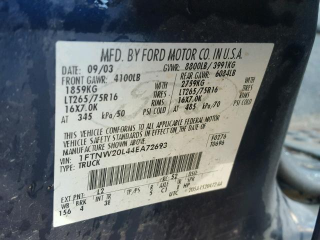 1FTNW20L44EA72693 - 2004 FORD F250 SUPER BLUE photo 10