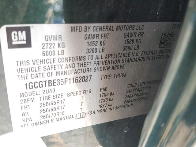 1GCGTBE35F1162827 - 2015 CHEVROLET COLORADO L GREEN photo 10