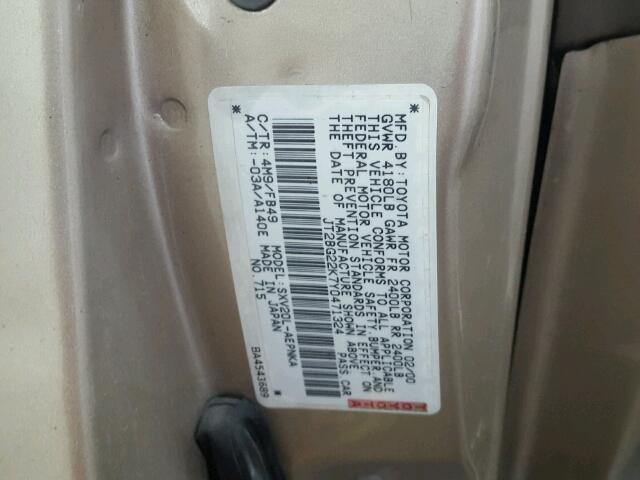 JT2BG22K7Y0471324 - 2000 TOYOTA CAMRY CE GOLD photo 10