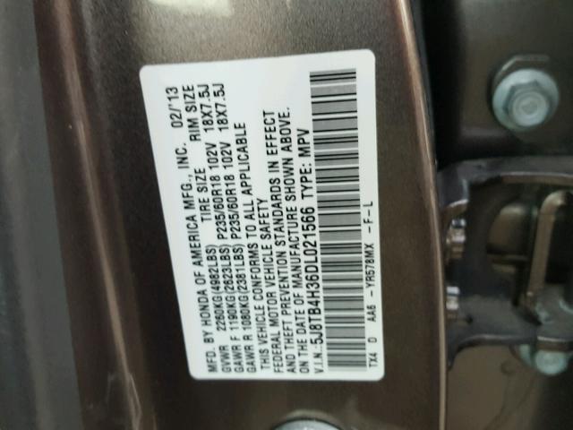 5J8TB4H36DL021566 - 2013 ACURA RDX BASE GRAY photo 10