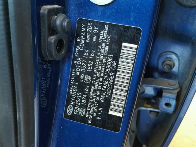 KMHCT4AE3FU890061 - 2015 HYUNDAI ACCENT GLS BLUE photo 10