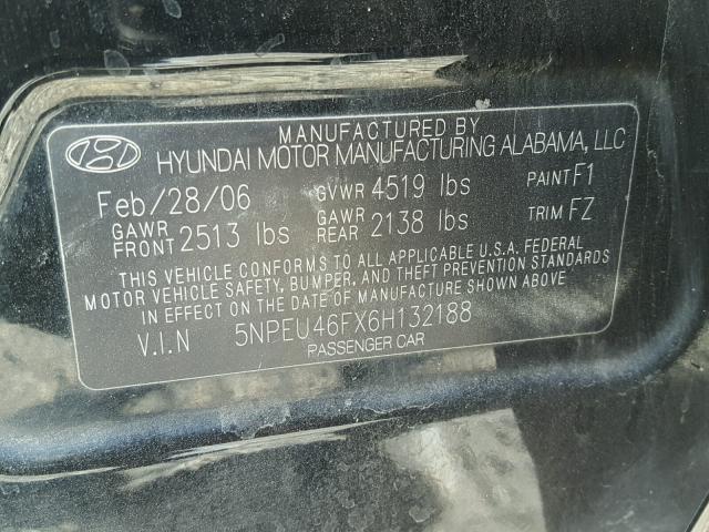 5NPEU46FX6H132188 - 2006 HYUNDAI SONATA GLS BLACK photo 10