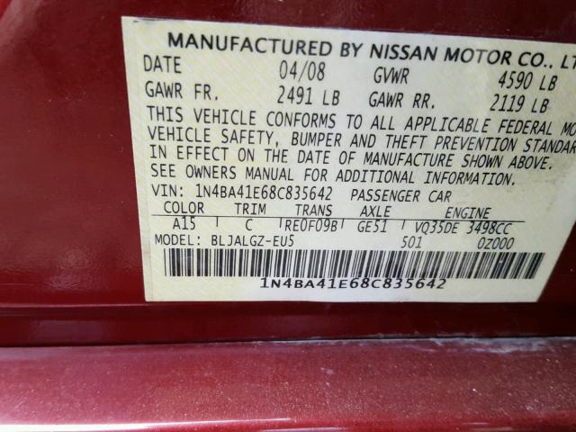 1N4BA41E68C835642 - 2008 NISSAN MAXIMA SE RED photo 10