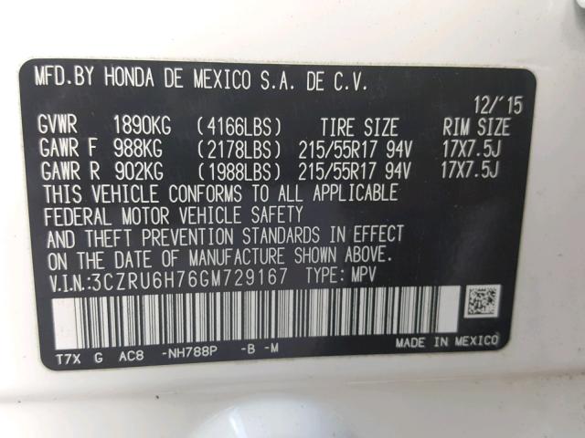 3CZRU6H76GM729167 - 2016 HONDA HR-V EXL WHITE photo 10