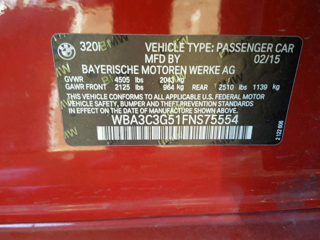 WBA3C3G51FNS75554 - 2015 BMW 320 I RED photo 10