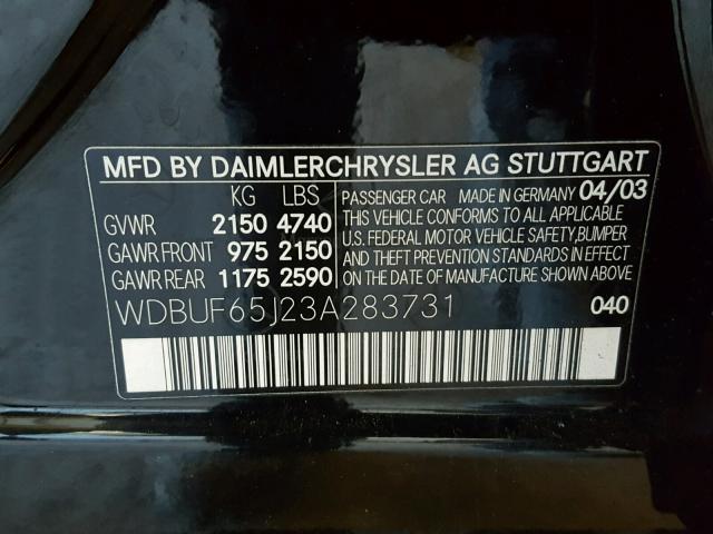 WDBUF65J23A283731 - 2003 MERCEDES-BENZ E 320 BLACK photo 10