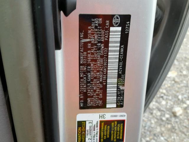 4T1BE46K59U271132 - 2009 TOYOTA CAMRY BASE SILVER photo 10