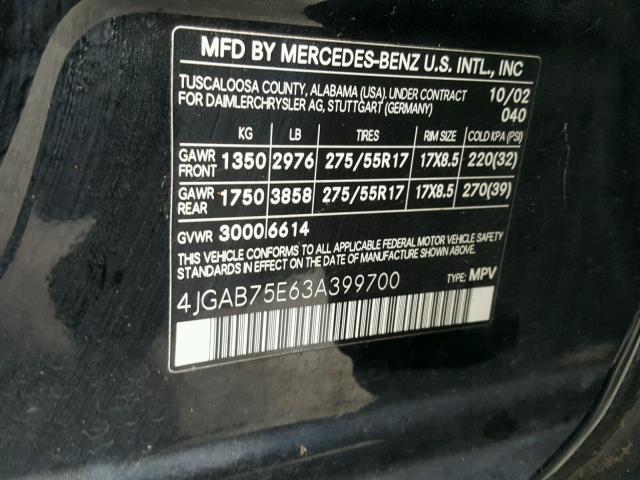 4JGAB75E63A399700 - 2003 MERCEDES-BENZ ML 500 BLACK photo 10