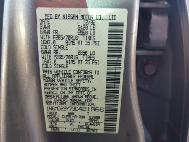 1N6MD29Y73C421966 - 2003 NISSAN FRONTIER C GRAY photo 10