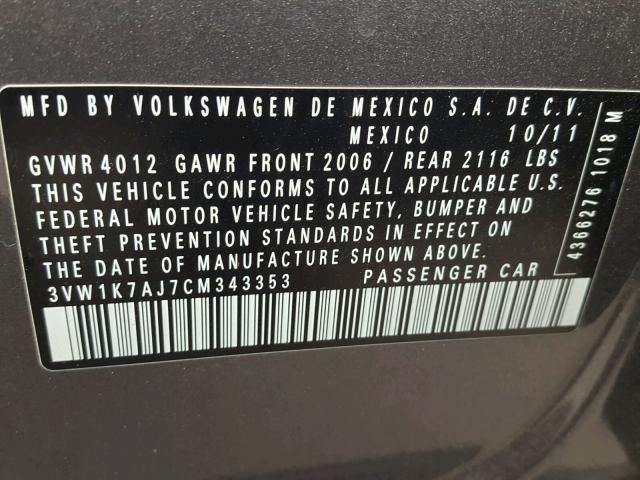 3VW1K7AJ7CM343353 - 2012 VOLKSWAGEN JETTA BASE 银色 照片 10