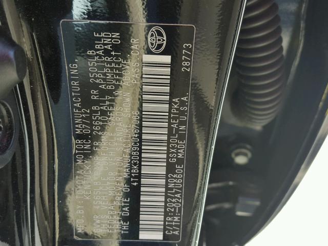 4T1BK3DB9CU467006 - 2012 TOYOTA AVALON BAS 黑色 照片 10