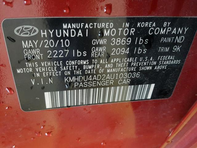 KMHDU4AD2AU103036 - 2010 HYUNDAI ELANTRA BL RED photo 10