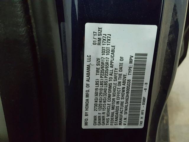 5FNRL5H63HB005338 - 2017 HONDA ODYSSEY EX BLUE photo 10