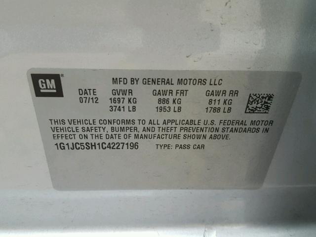 1G1JC5SH1C4227196 - 2012 CHEVROLET SONIC LT SILVER photo 10